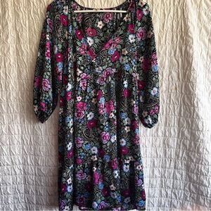 UMGEE Floral Mini Tunic Dress babydoll 3/4 elastic sleeve sz M